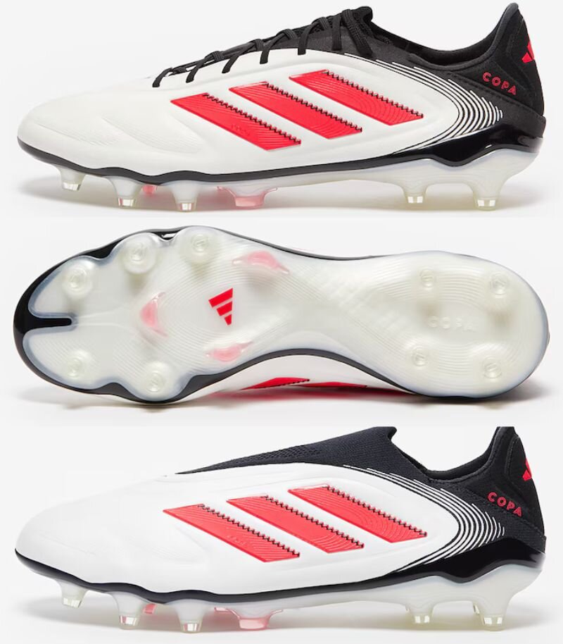 adidas copa football boots in black, white and red, showing boot and the boot sole plate and a laceless version